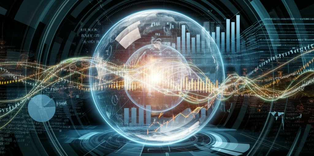 Futuristic crystal ball displaying economic data trends