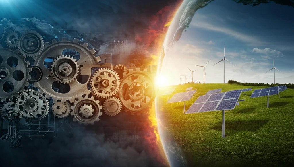 Interlocked gears representing renewable energy transforming Earth.