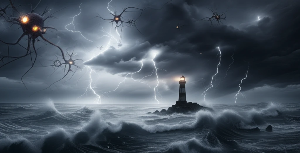 Stormy sea with RNA strand-shaped clouds and a distant lighthouse, symbolizing the complexities and potential therapies for C9orf72-related ALS/FTD.