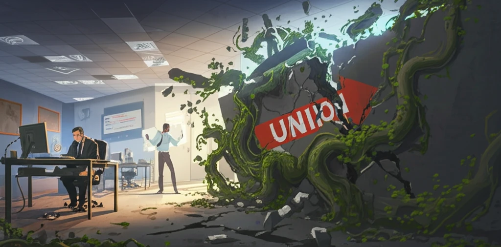 A divided workplace gradually unifying through the influence of a labor union.