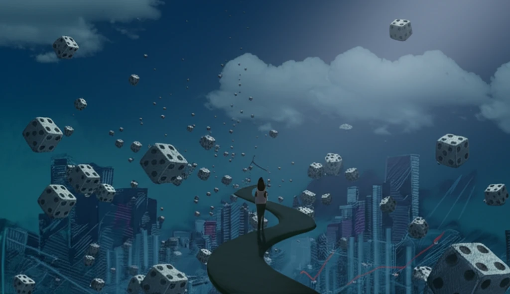 Person at a crossroads of probabilistic outcomes.