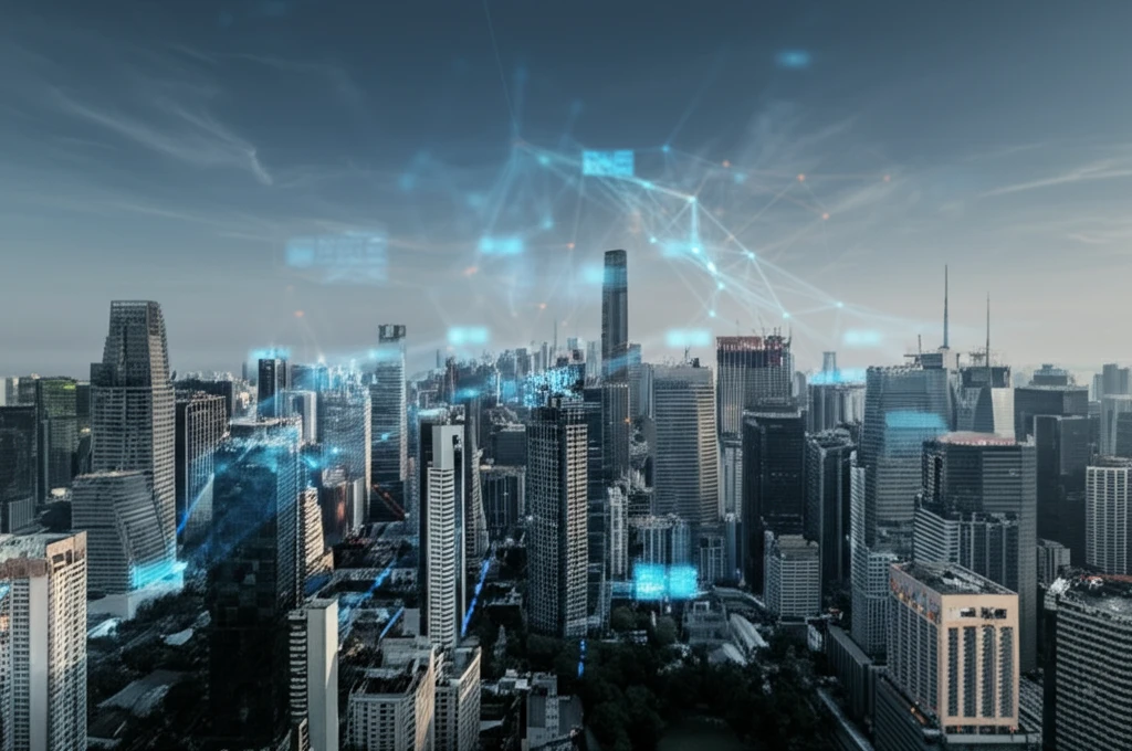 AI neural network analyzing financial risk in a futuristic cityscape