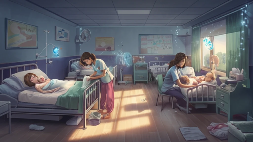 Serene postpartum care center with nurses caring for mothers and newborns, emphasizing protection and cleanliness.