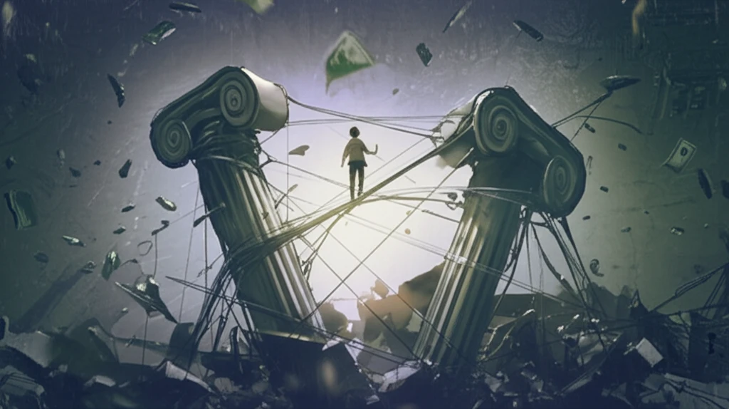 Surreal illustration of a balanced financial market with slight instability.