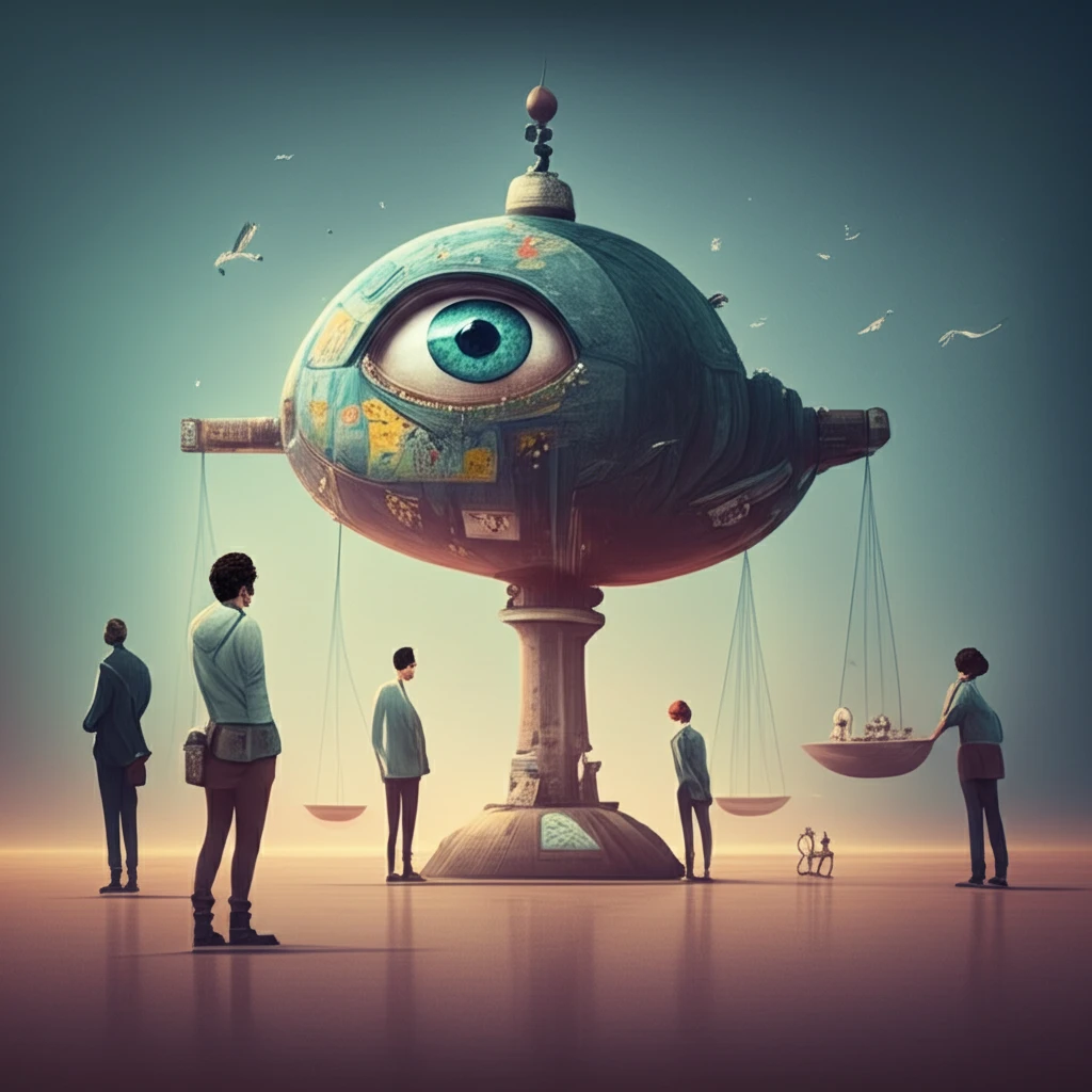 Diverse group being evaluated under a giant, unbiased scale