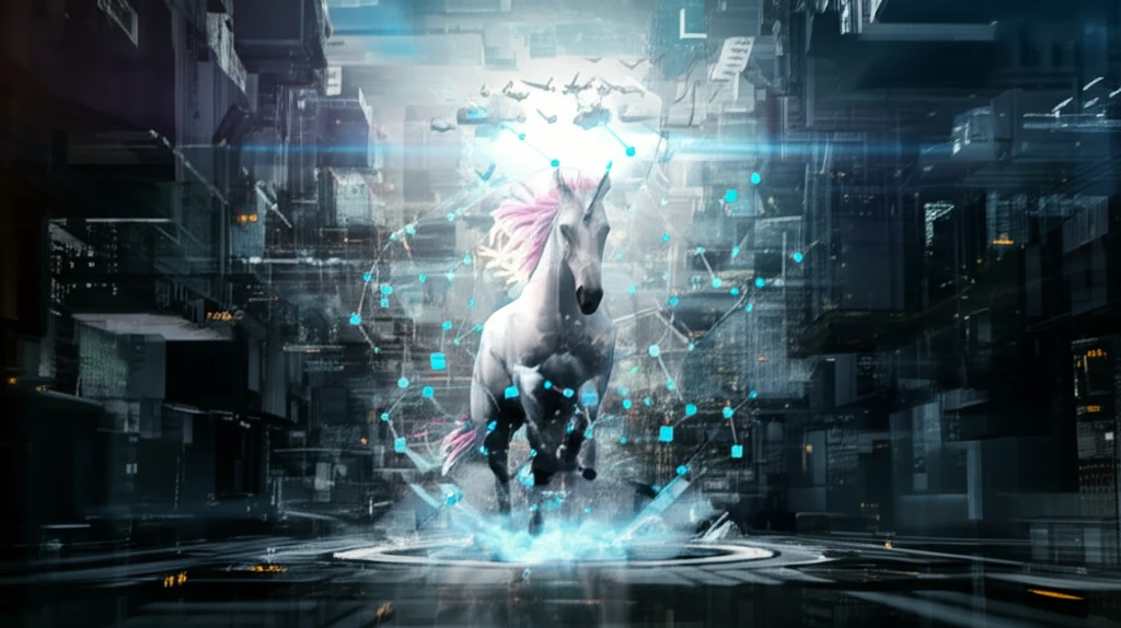 A digital illustration of a unicorn emerging from a data network, symbolizing AI-driven startup investment.