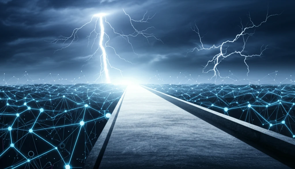 Financial landscape with storm clouds and illuminated path representing risk management.