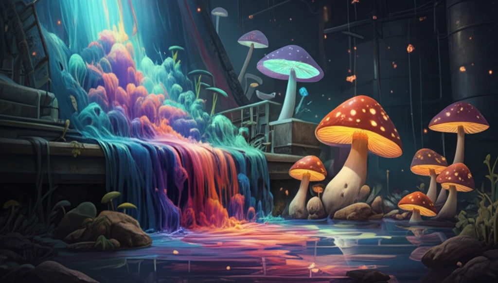 Surreal illustration of textile dye pollution being cleaned up by glowing mushrooms.