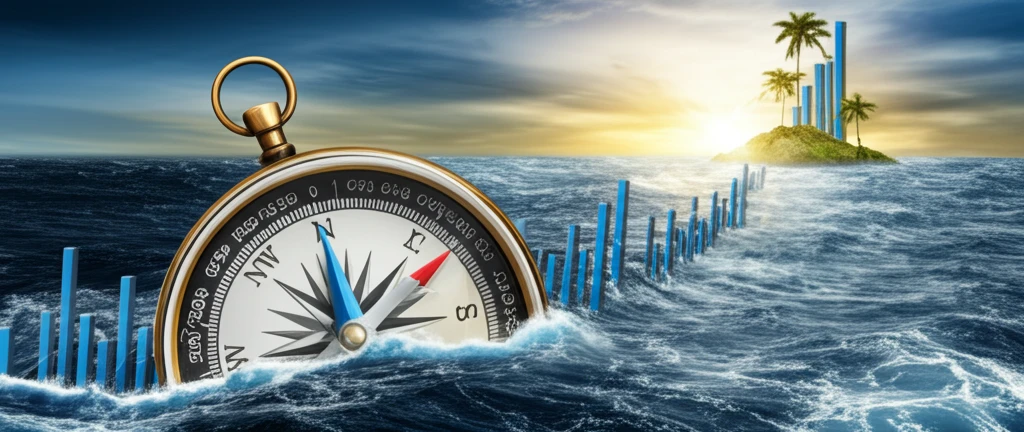 A stock chart bridge spans a turbulent sea, symbolizing market navigation.