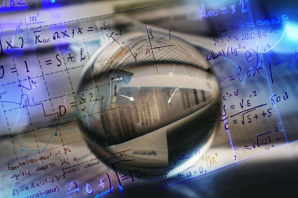 Crystal ball reflecting stock charts and math equations