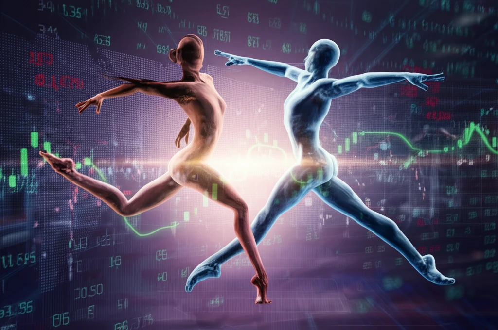 Intertwined dancers representing financial assets, moving asynchronously.