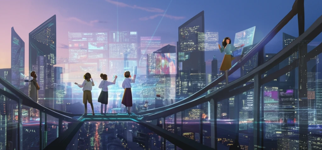 Digital illustration symbolizing women building a digital bridge towards technology careers.