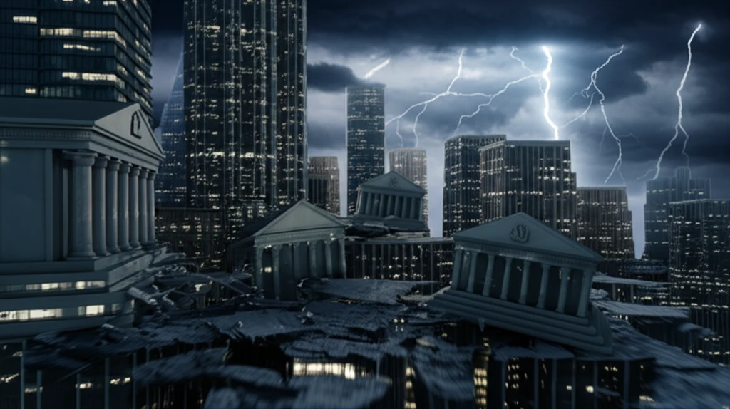 Interconnected city skylines representing resilient banks weathering financial storms.