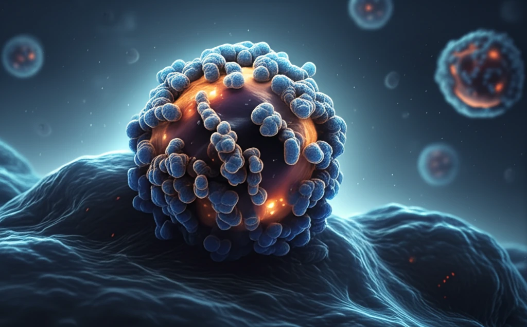 Surreal illustration of a protein illuminating a cancer tumor.