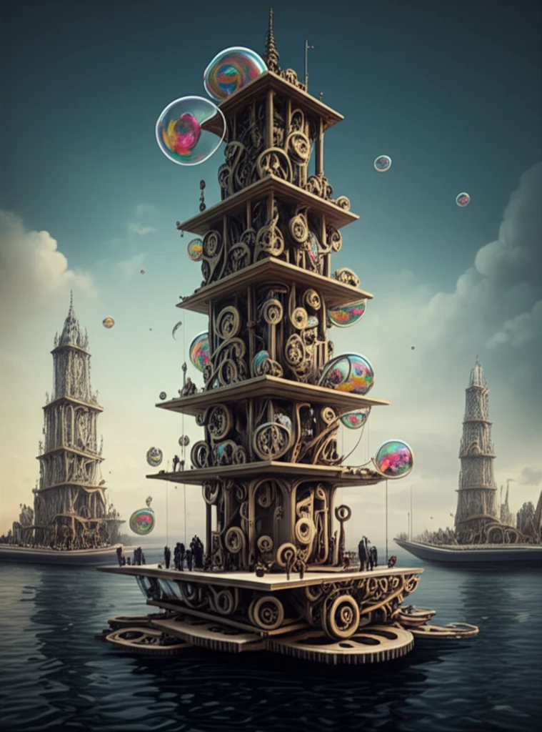 Surreal illustration of asset bubble skyscraper balanced on levers.