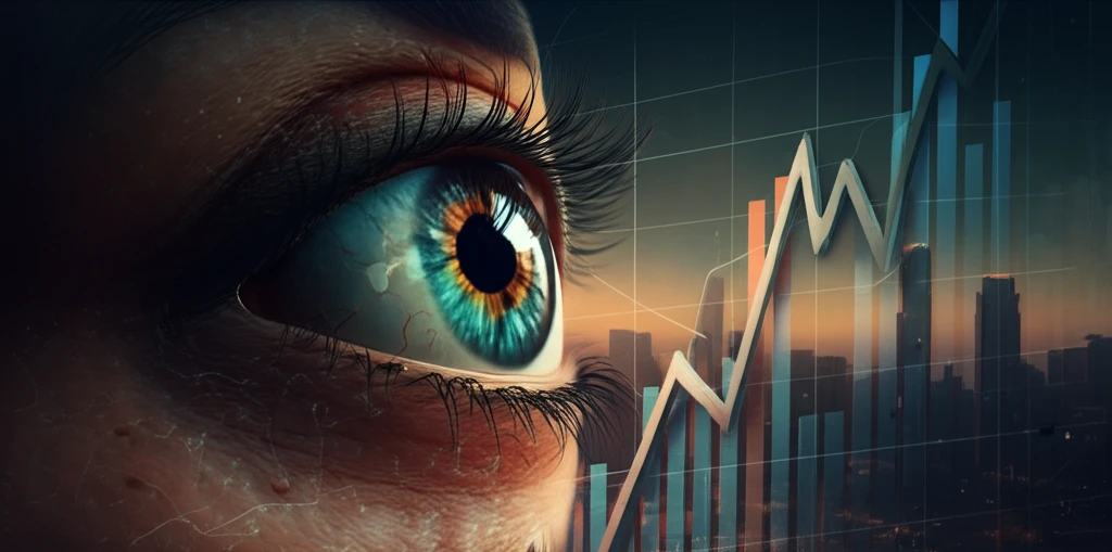 Financial graph morphing into an eye symbolizing insider information in the stock market.