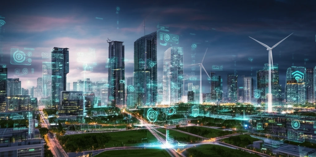 Futuristic smart city powered by green energy sources and AI.