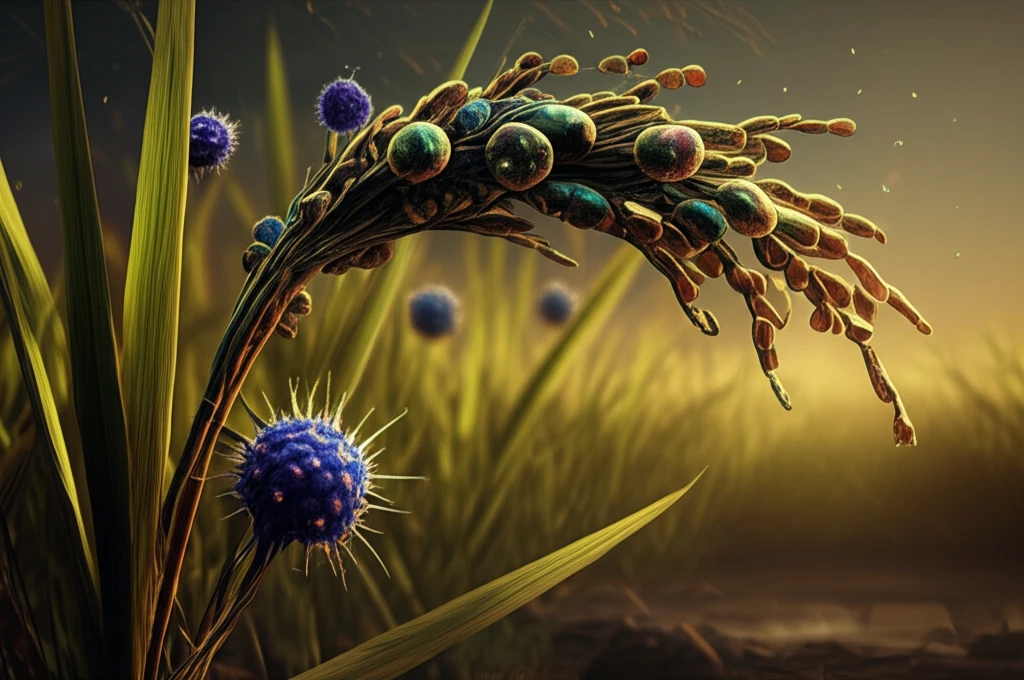 Rice plant defending against false smut with glowing genes.