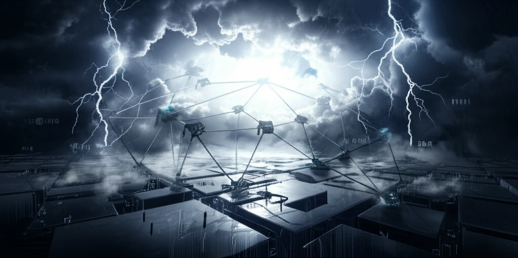 Interconnected financial buildings under storm clouds, mitigated by bright light symbolizing advanced algorithms.