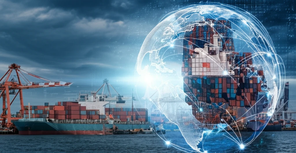 A network of container ships symbolizes global trade routes.