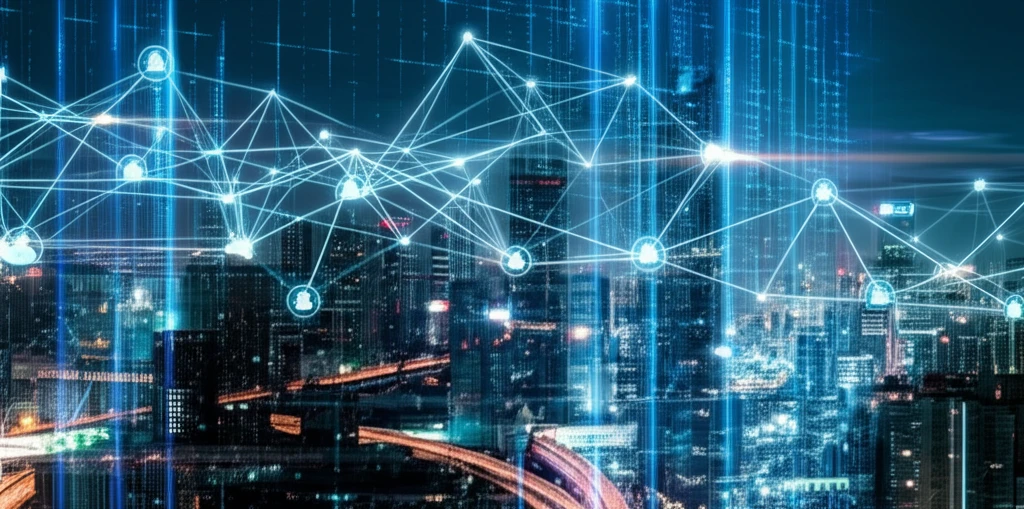 AI neural network over cityscape symbolizing AI in Finance