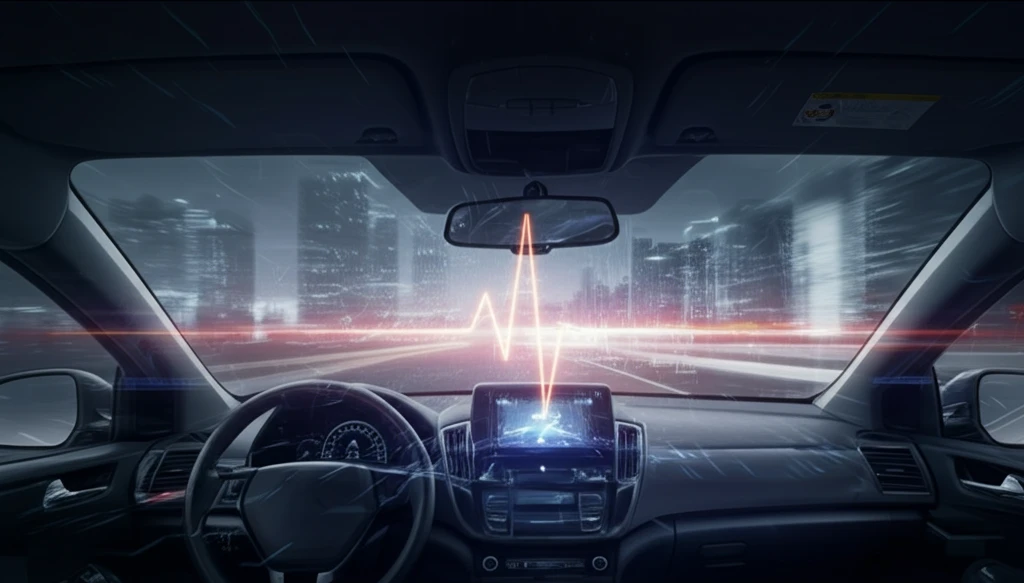 Self-driving car navigating foggy road with heartbeat graphic showing uncertainty level.