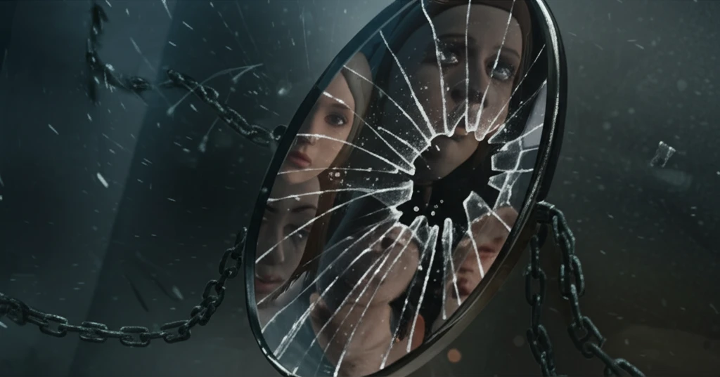 Shattered mirror reflecting diverse faces, chains breaking apart, symbolizing freedom from human trafficking.
