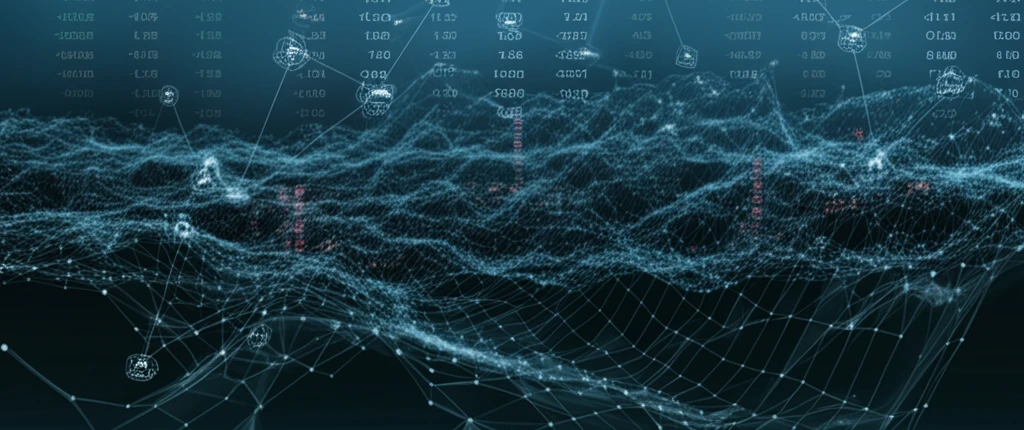 Digital illustration of financial market with deep hedging neural networks overlay.