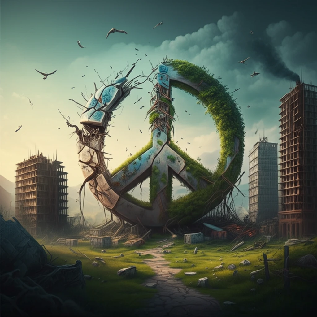 A broken peace sign mending into a landscape representing economic prosperity.