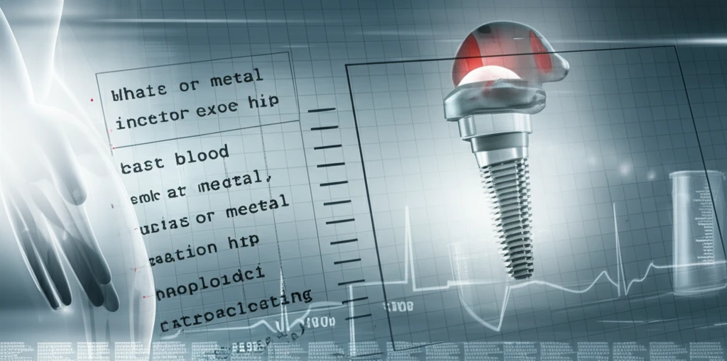 Futuristic hip implant fading into a medical chart, symbolizing the evolving approach to monitoring metal-on-metal hip arthroplasties.