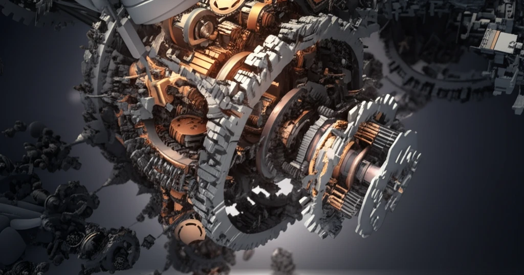 Microscopic structures transforming into machinery parts, symbolizing advanced nanocomposites.