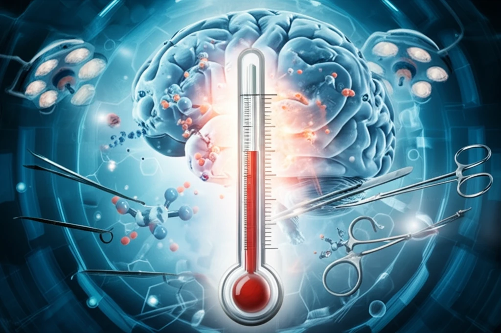 Surreal illustration of a brain thermostat regulated by serotonin during anesthesia.