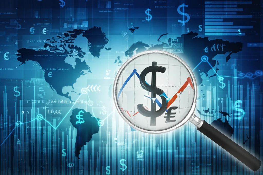 Magnifying glass reveals patterns on economic graph