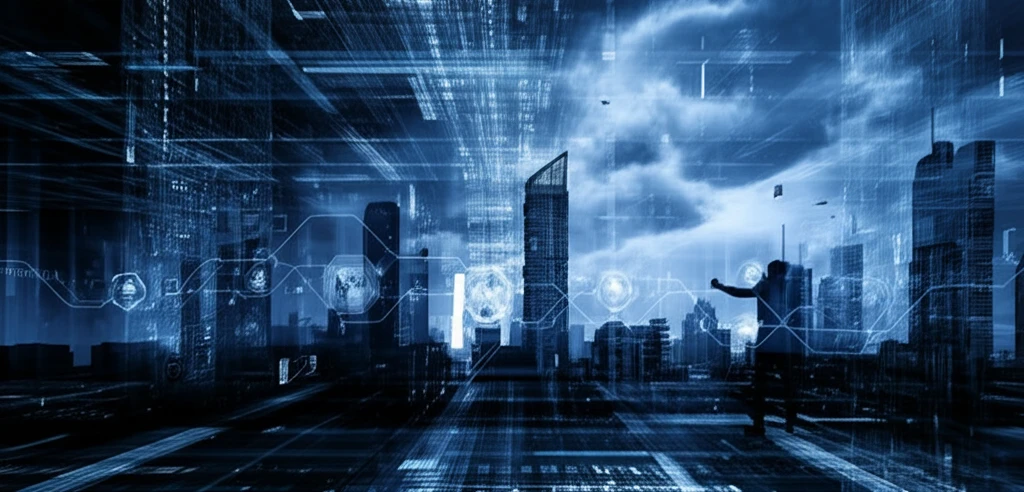 Futuristic cityscape representing AI-powered risk assessment in actuarial science.