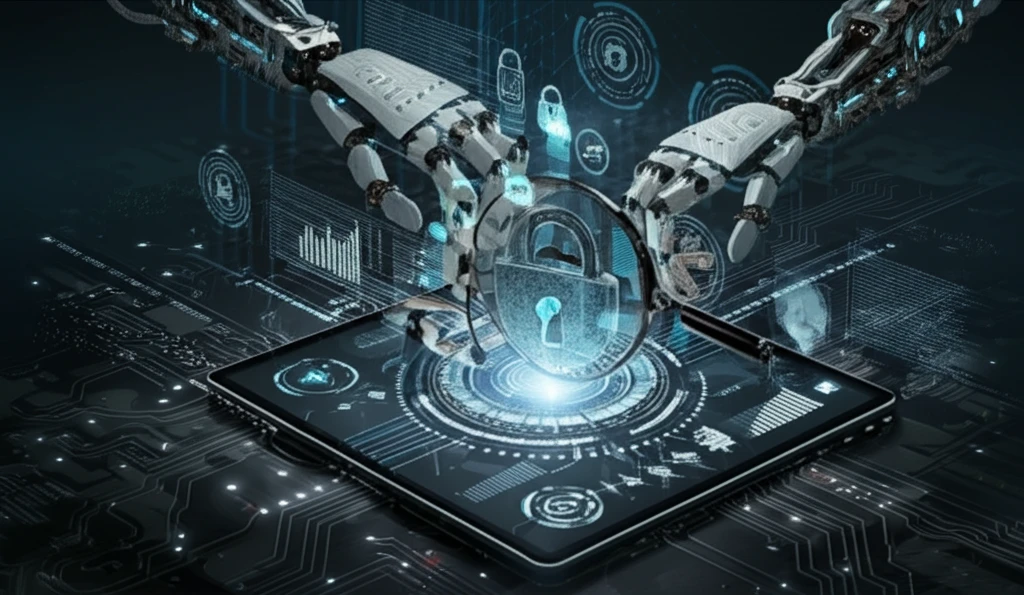 Surreal illustration of financial model validation with robotic hands and data streams.