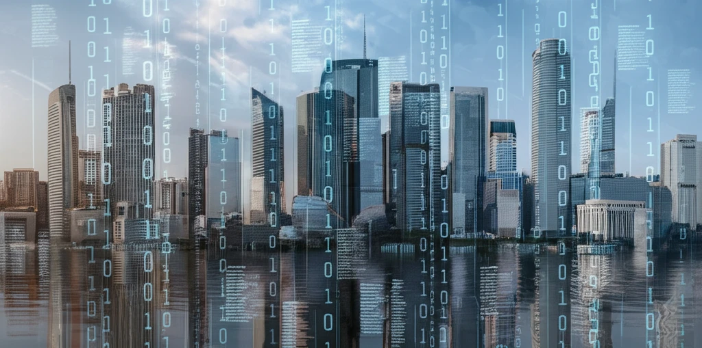 Cityscape reflecting in a calm lake, with binary code overlay.