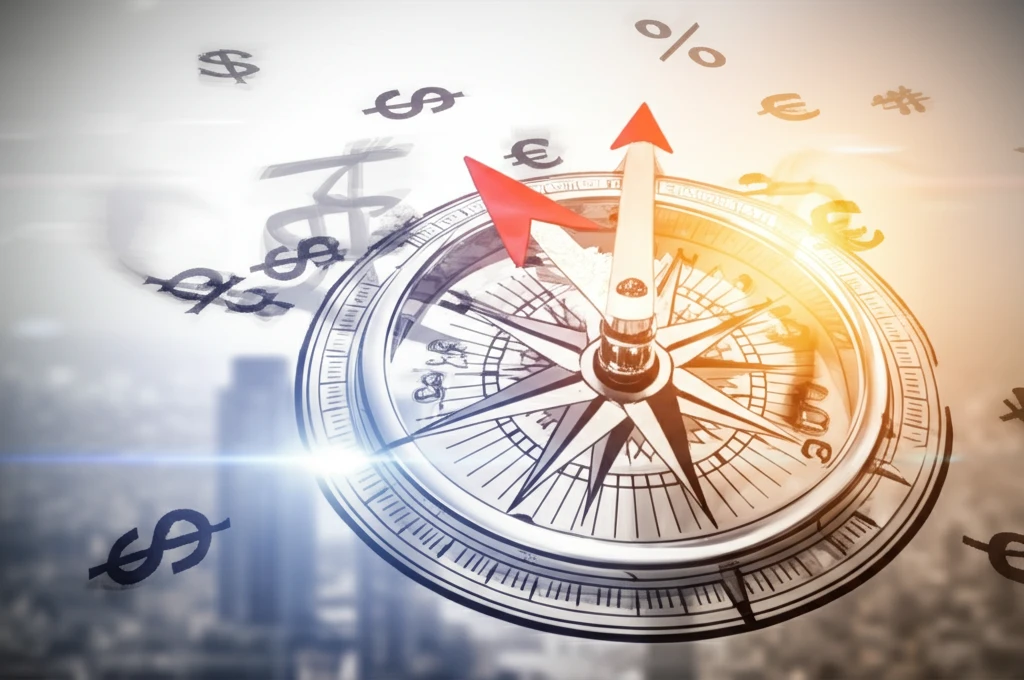 Investment compass pointing in different directions.