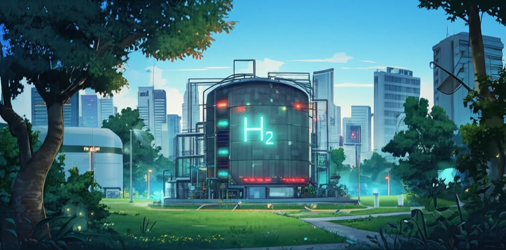 Futuristic city powered by clean energy with a fuel cell plant.