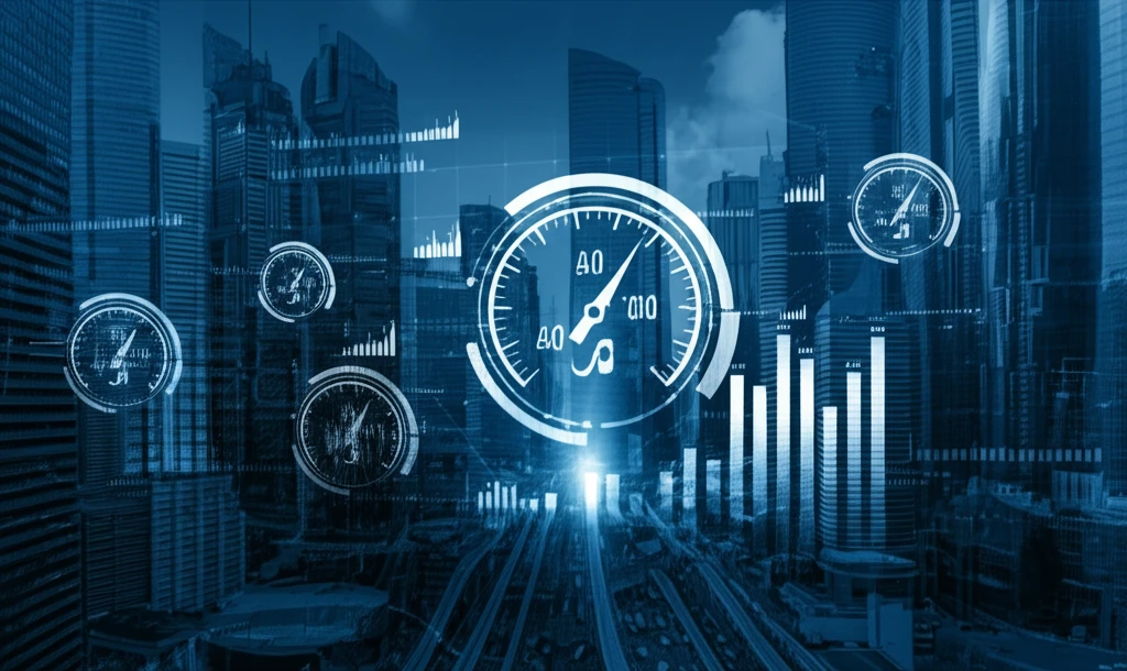Financial cityscape with barometers displaying market sentiment.