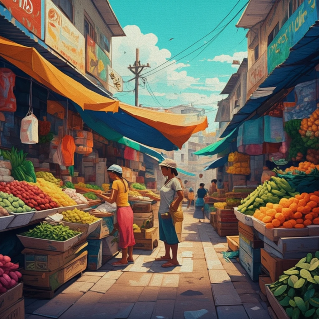 A vibrant Brazilian marketplace symbolizing economic integration between Venezuelan refugees and local vendors.