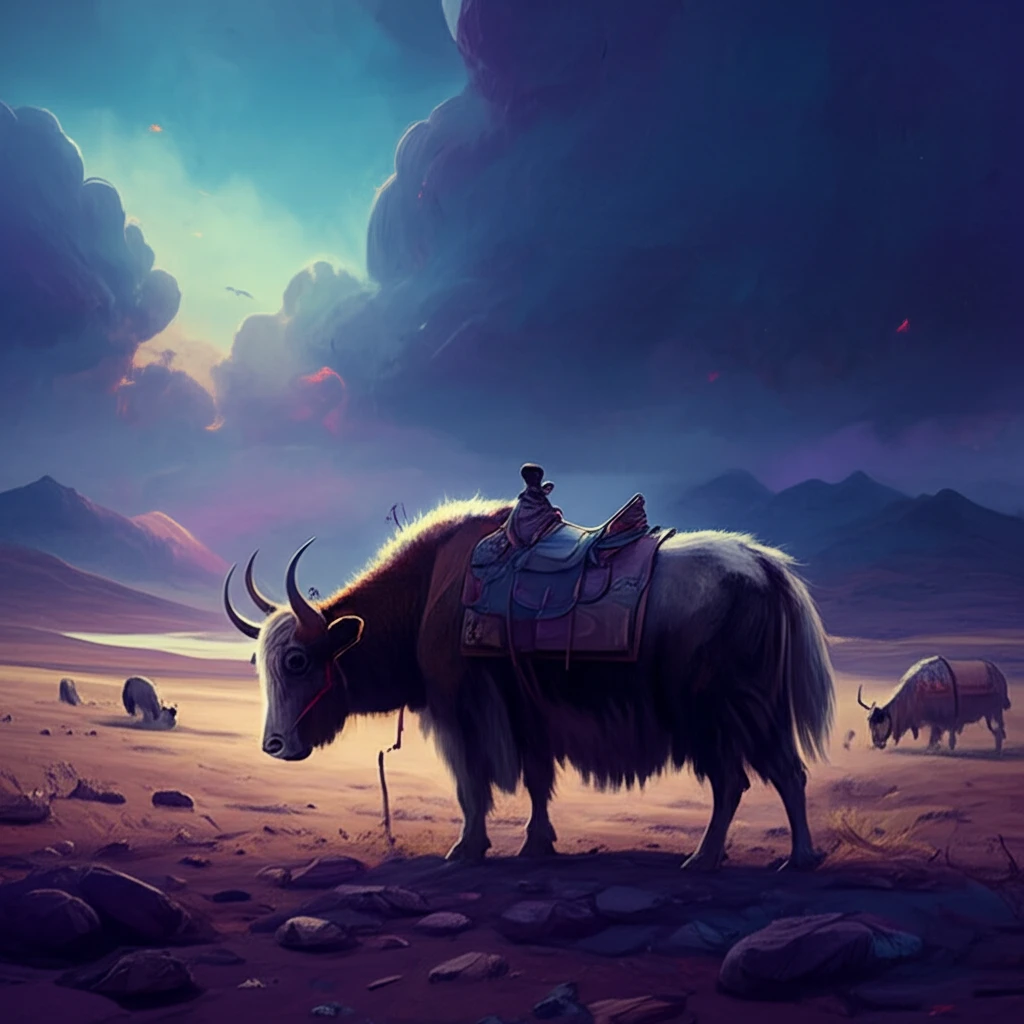 Surreal illustration of Tibet landscape showing grazing yaks and melting glaciers.