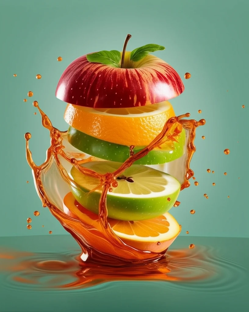 A vibrant stack of sliced fruits with splashing juice, representing the richness of sensory science.