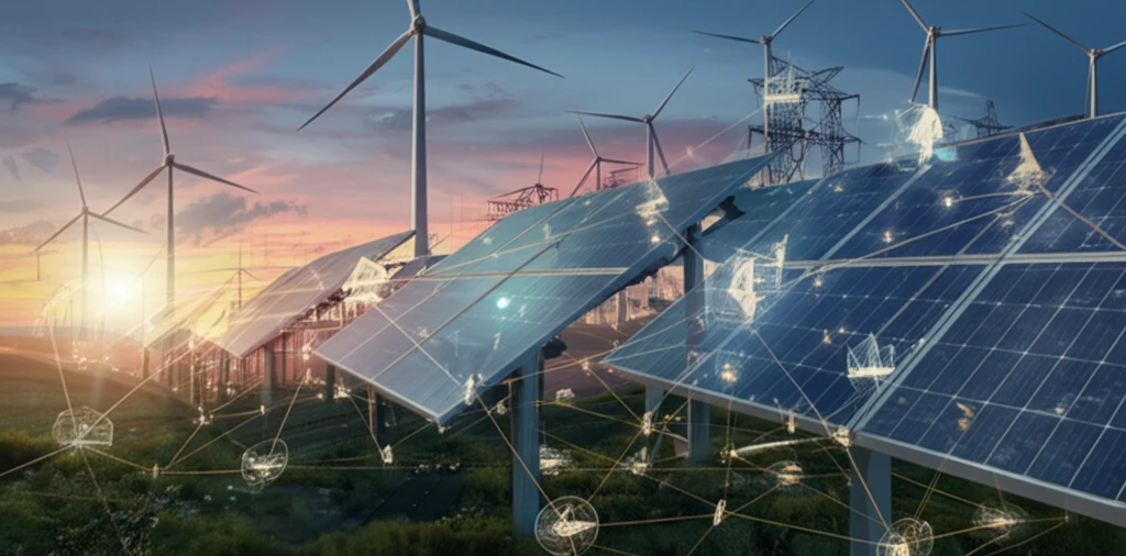 Renewable energy grid with wind turbines and solar panels.