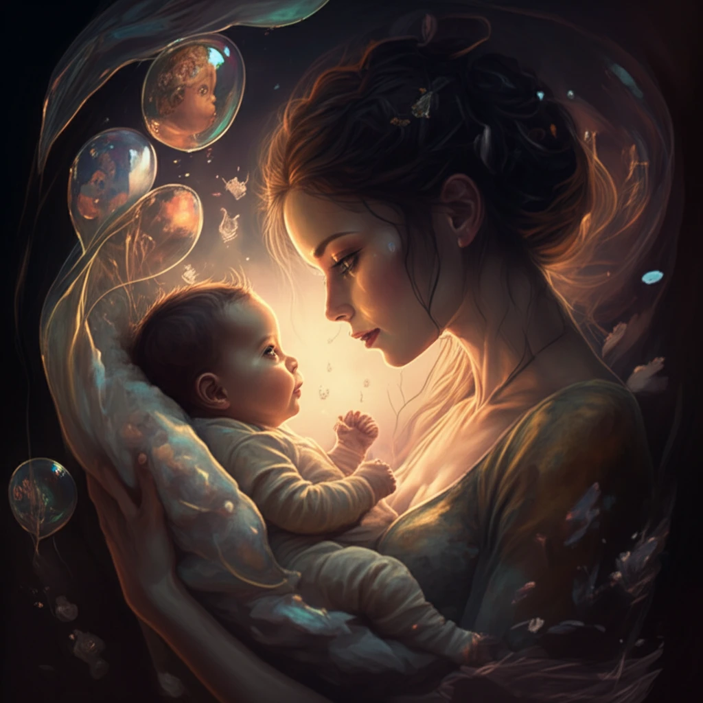 A mother and baby share a loving gaze, surrounded by bubbles representing thoughts and emotions.