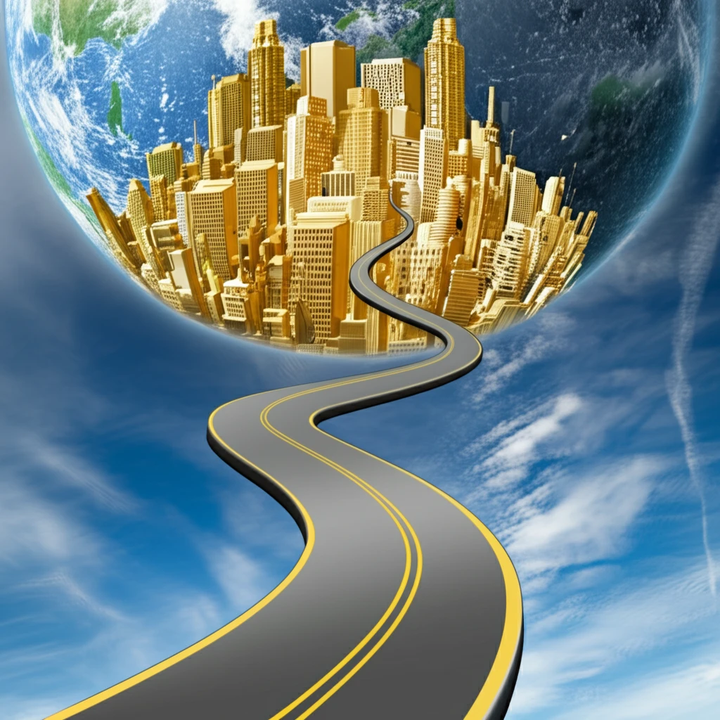 A winding road leading to a golden cityscape symbolizes optimized profits through nonlinear pricing.