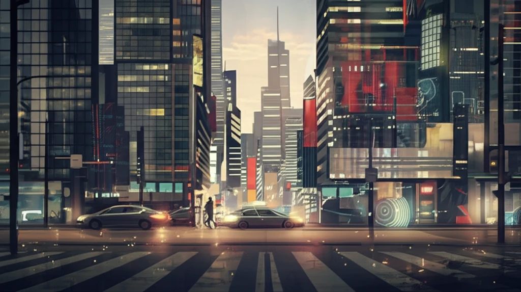 Futuristic cityscape with seamless integration of self-driving cars.