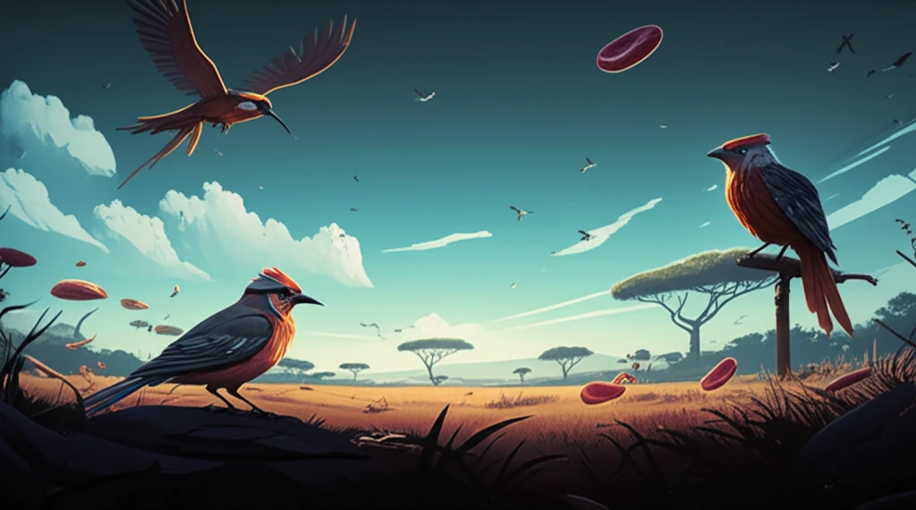 Surreal illustration of African birds with microscopic blood parasites in their ecosystem.