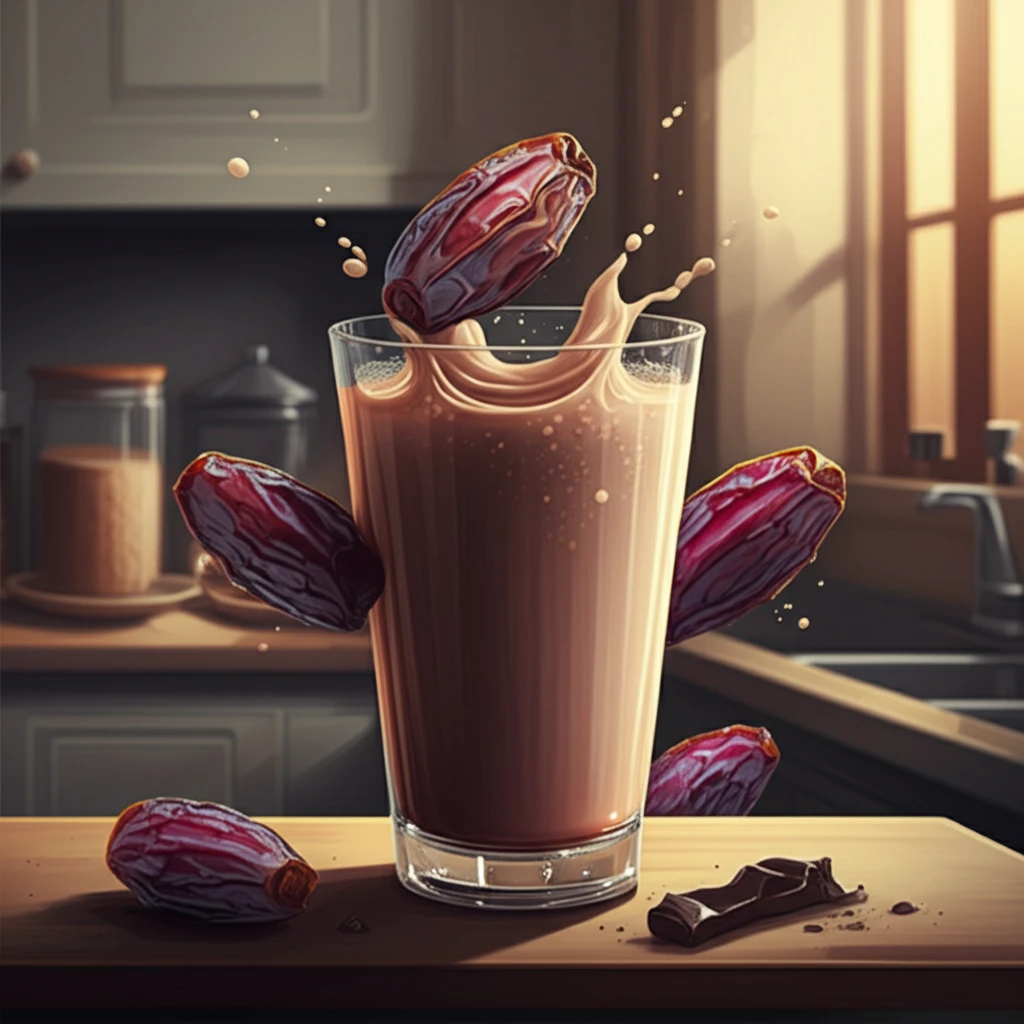 Glass of chocolate milk with floating dates.
