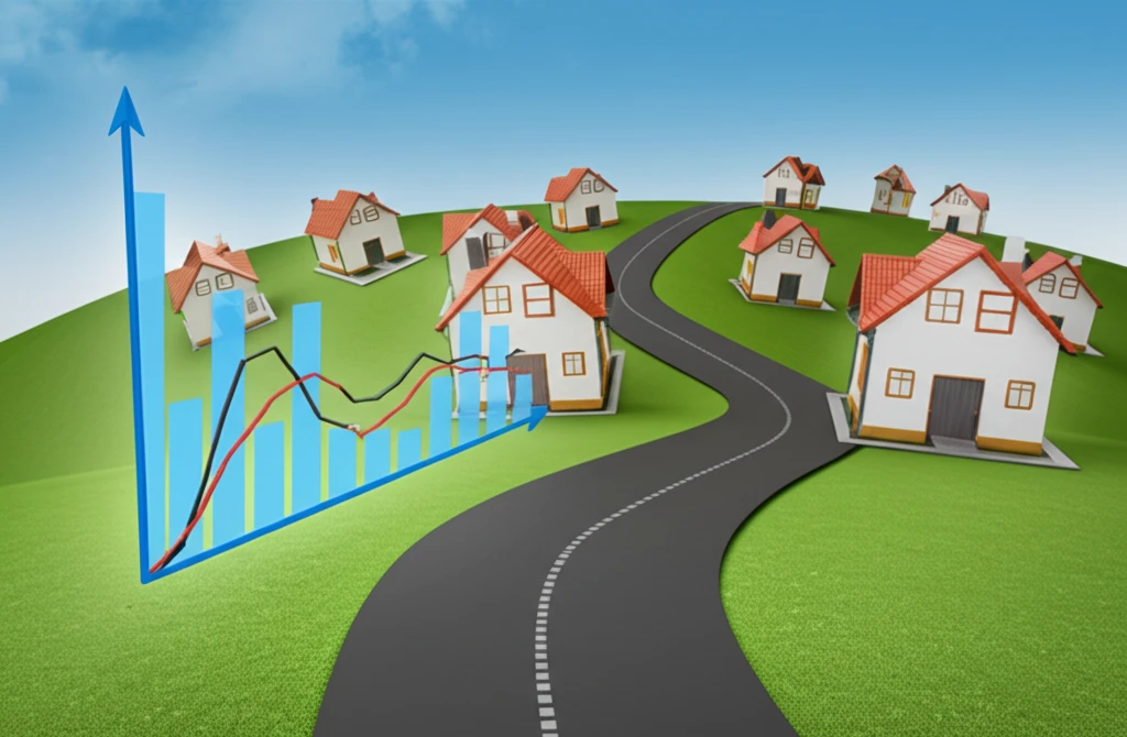 A surreal landscape illustrating wealth distribution with houses of different sizes and a graph overlay.
