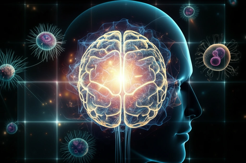 Brain protected by glowing energy representing Dimethyl Fumarate (DMF) effects